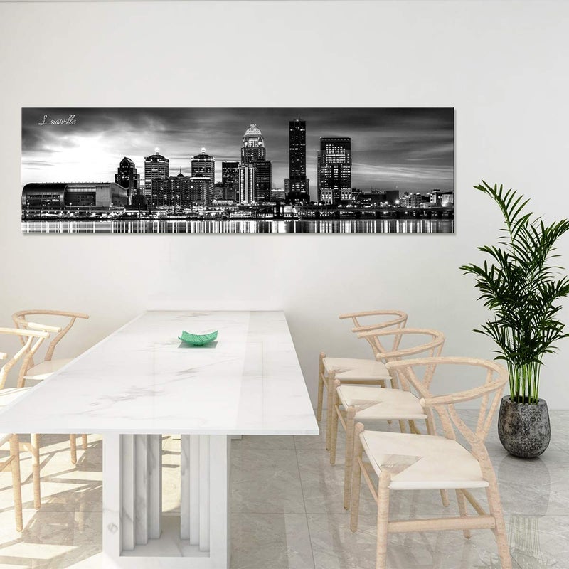 sunfrower Louisville Skyline Wall Art Kentucky Decor Black and White Cityscape Painting for Living Room Downtown Waterfront Park Panoramic Canvas Pictures Bedroom Kitchen Office Artwork Home Decorations 14x48" - Image 2